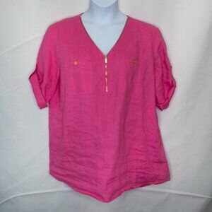 Ellen Tracy 100% Linen Popover Top Womens XL Pink Blouse Roll Tab Sleeves E13X
